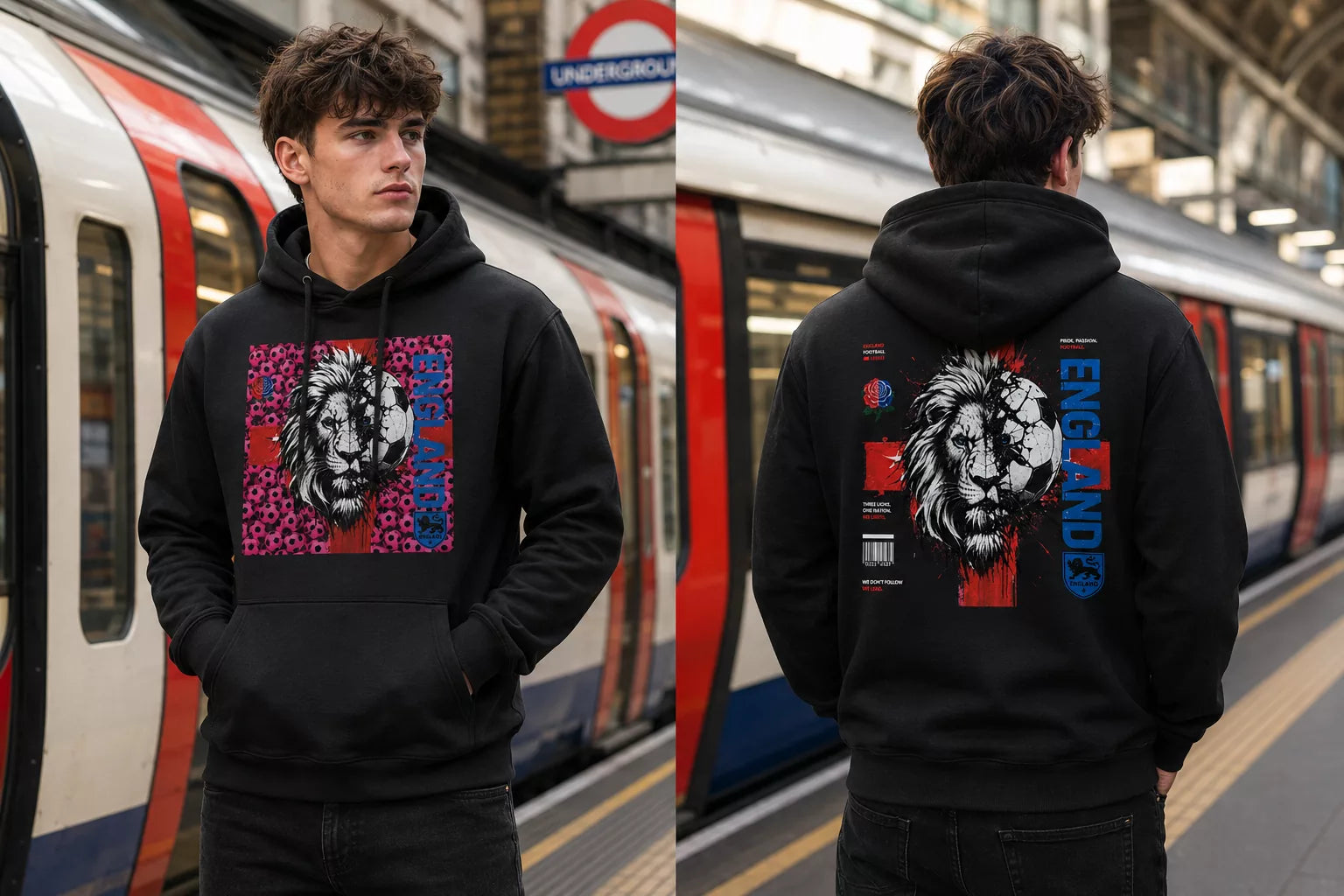 England Magneta Lion n Footballs Hybrid Streetwear Pullover Hoodie